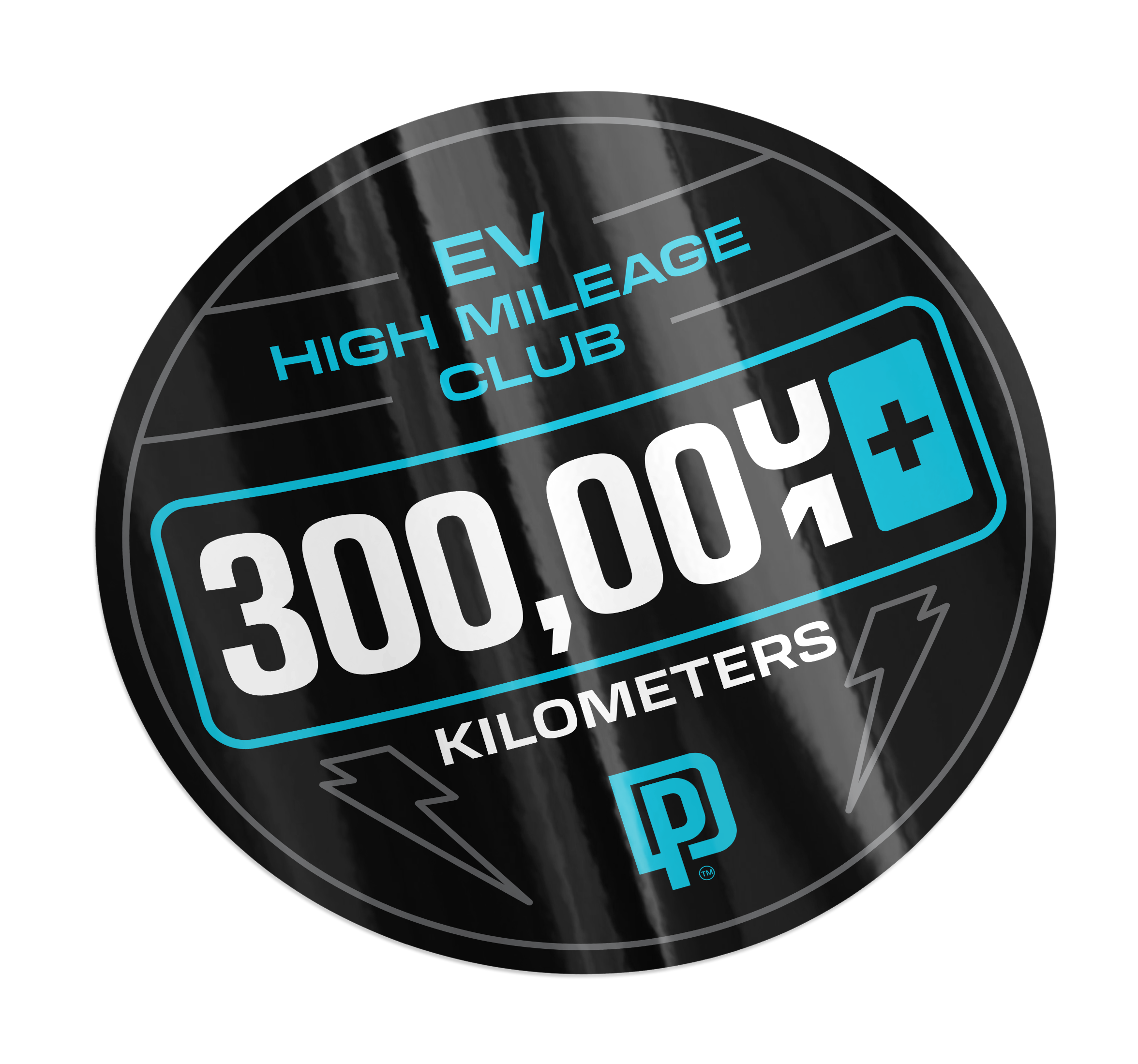Sticker celebrating 300,000 kilometers of EV high mileage with a logo on a white background.