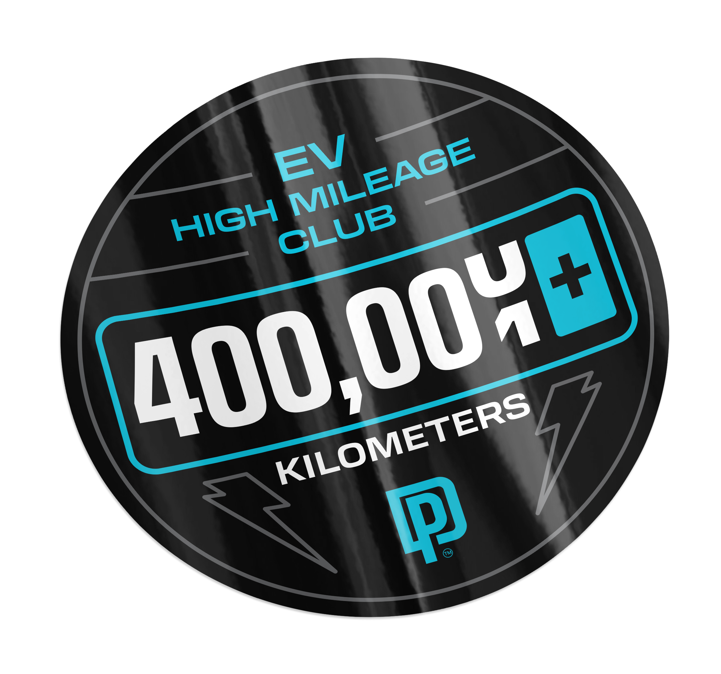 Sticker celebrating 400,000 kilometers of EV high mileage with a club logo.