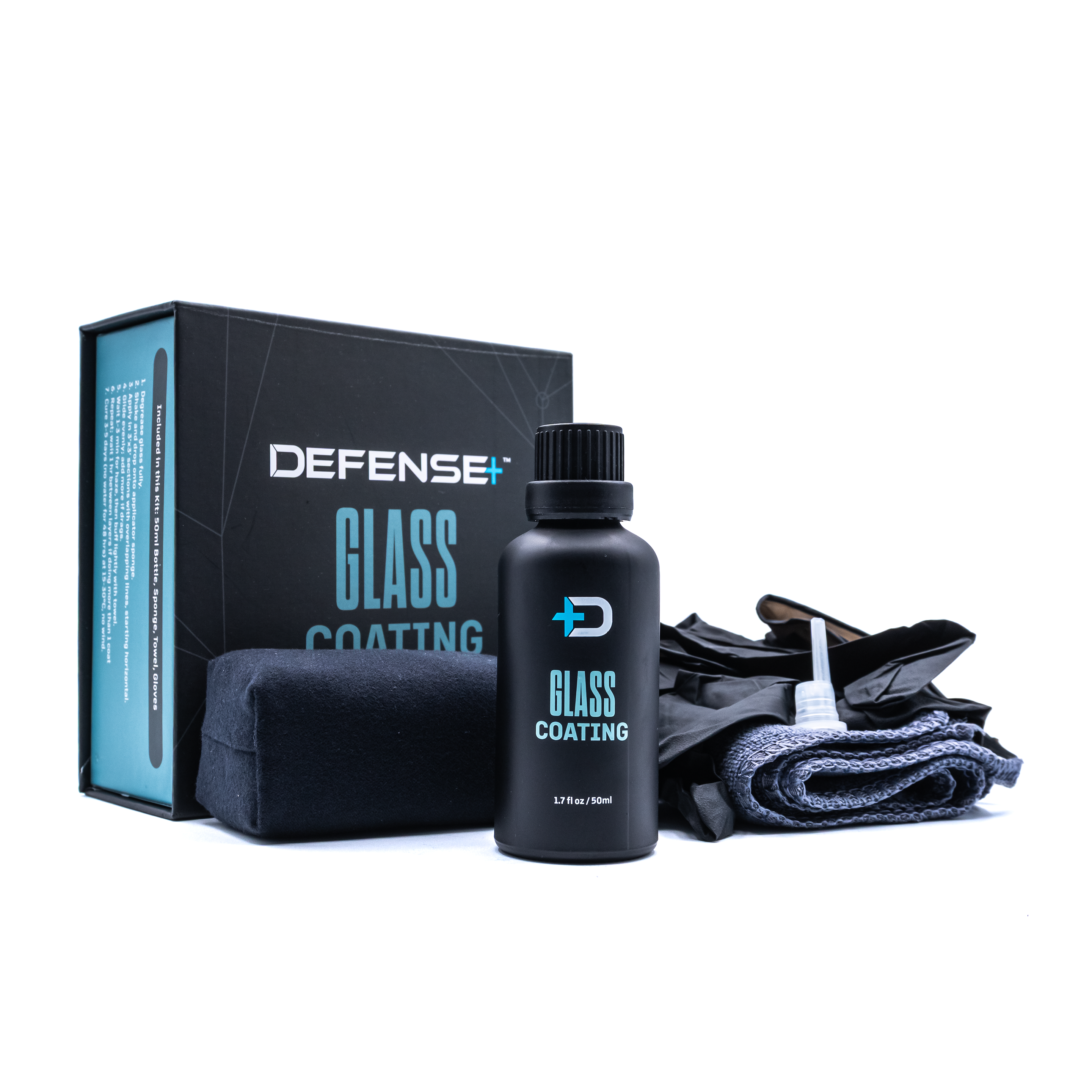 Glass coating kit with bottle, applicator, and box on a white background