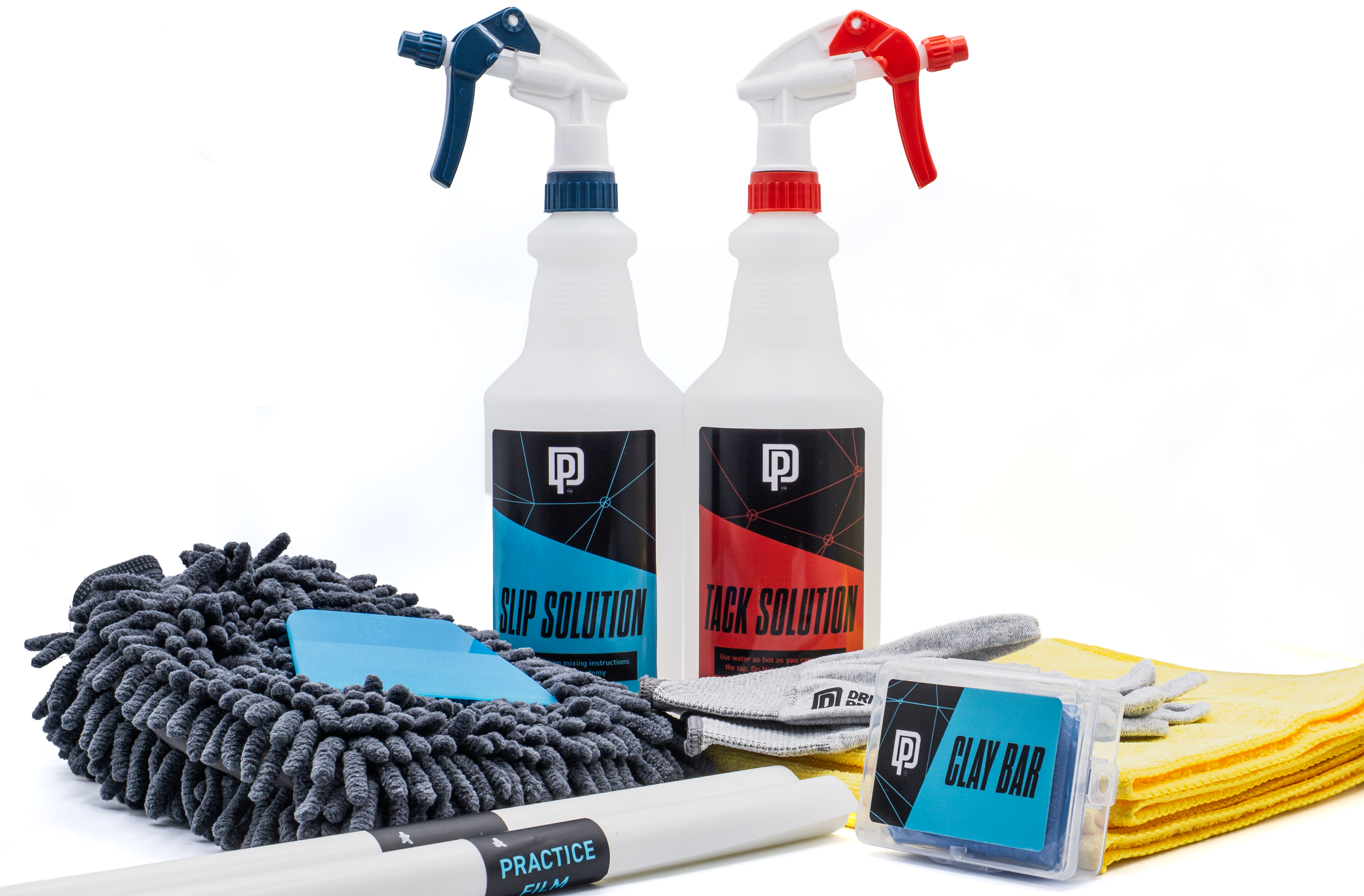 PPF Installation Kit including spray bottles, a towel, and a clay bar on a white background