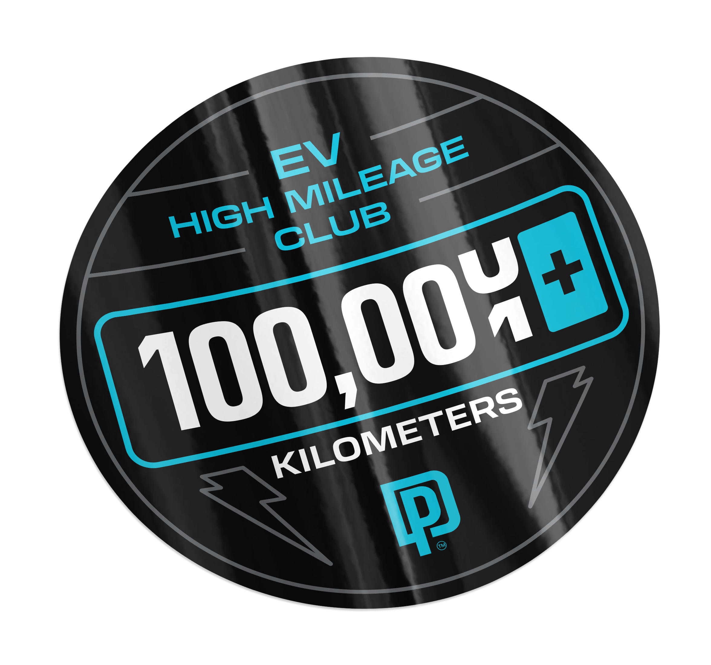 Sticker celebrating 100,000 kilometers of EV high mileage with a club logo.