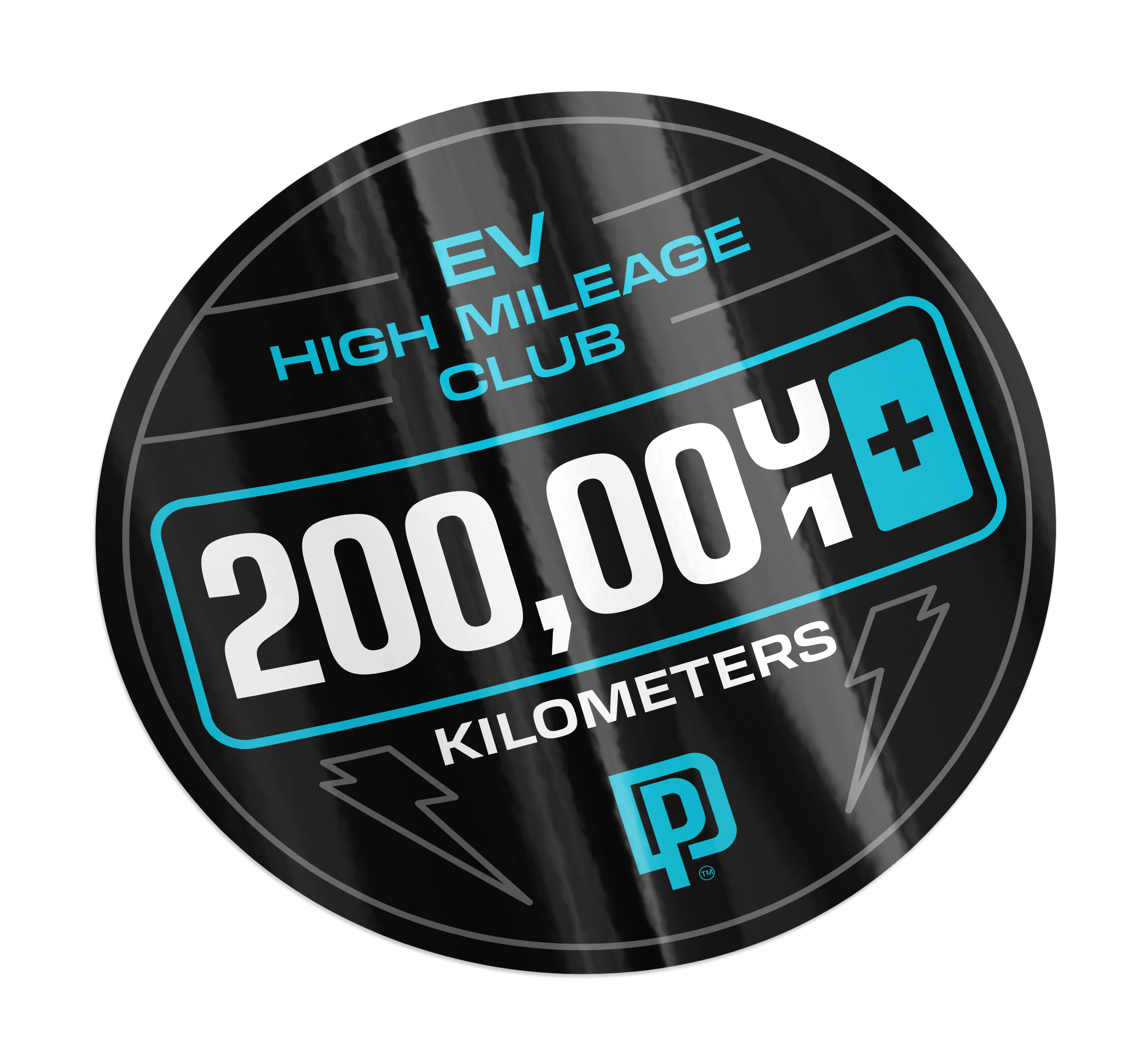 Sticker with 'EV High Mileage Club' text and 200,000 kilometers milestone on a black background