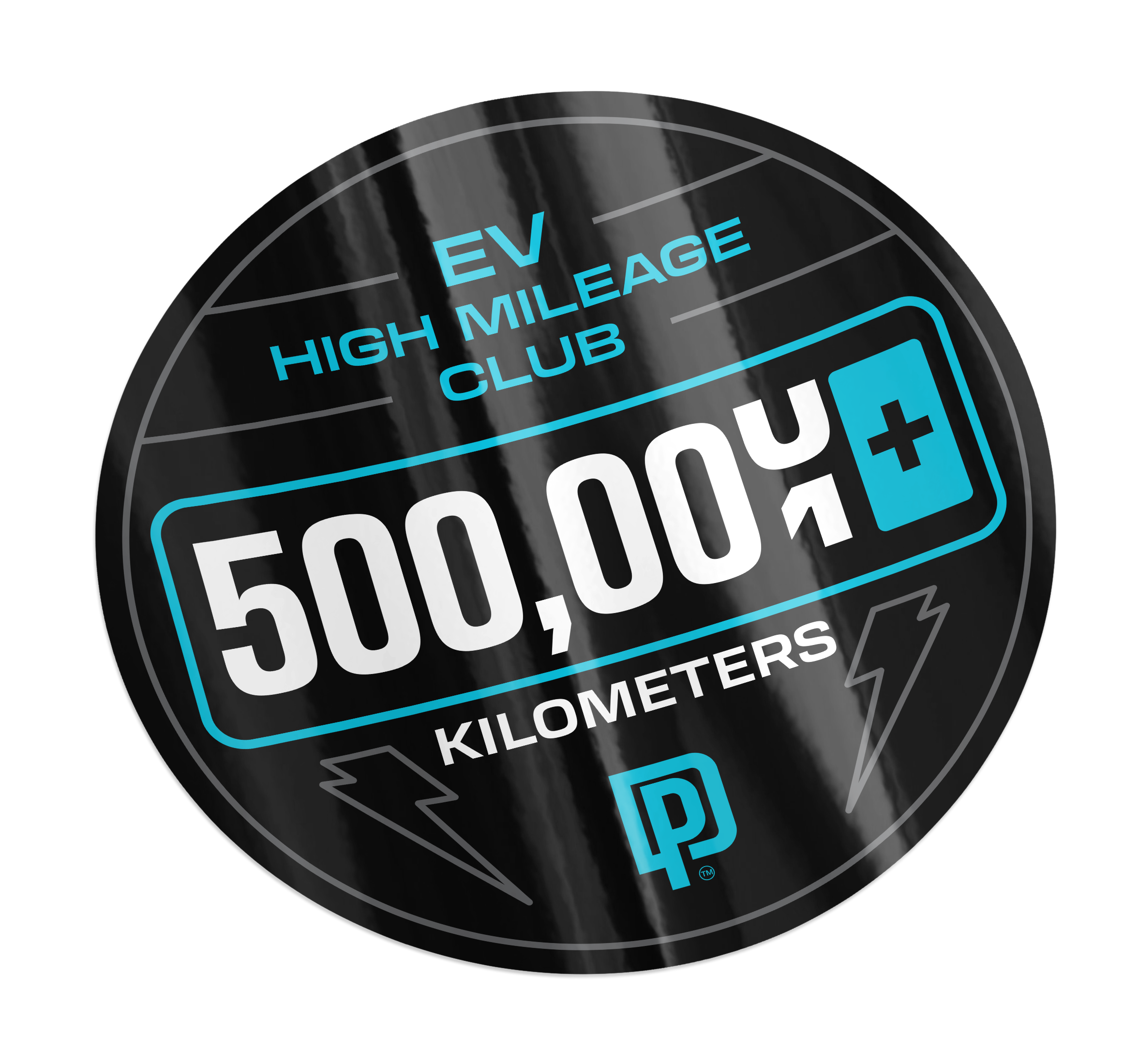 Sticker celebrating 500,000 kilometers of EV high mileage with a club logo.