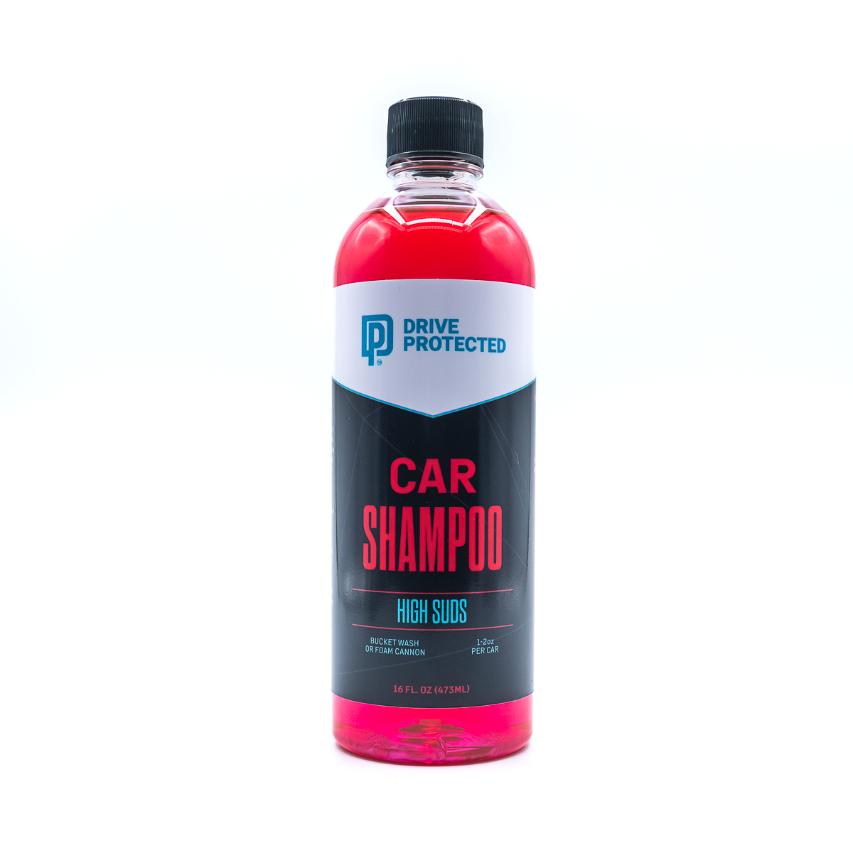Bottle of Drive Protected car shampoo on a white background