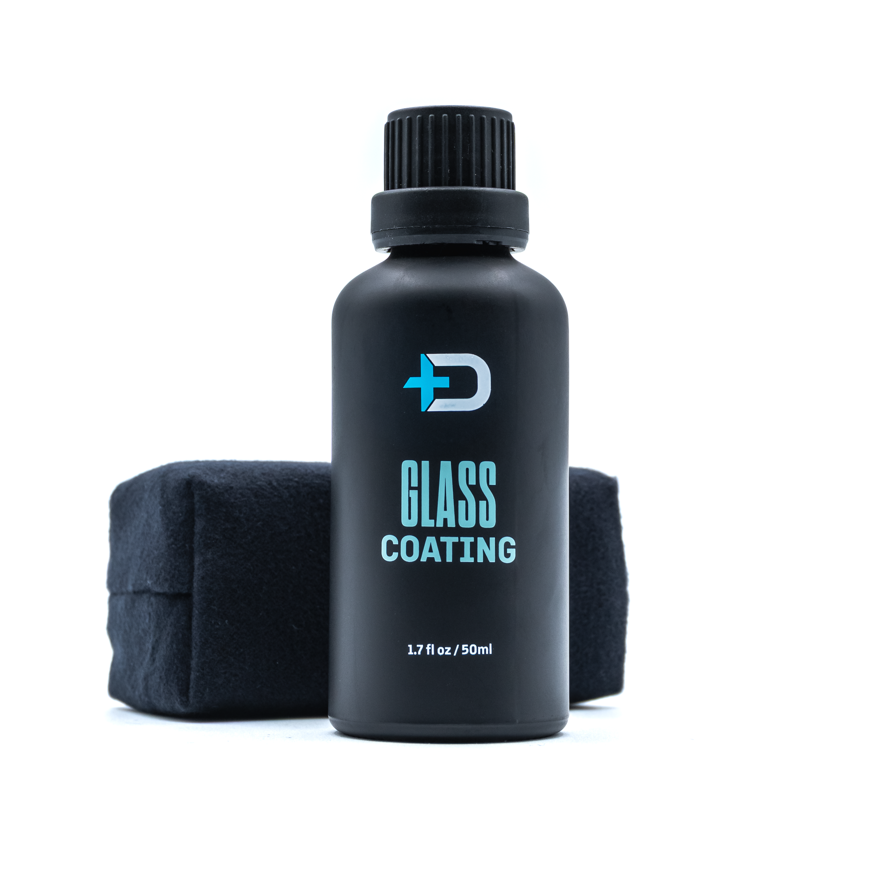 Black bottle of glass coating with a black applicator pad on a white background