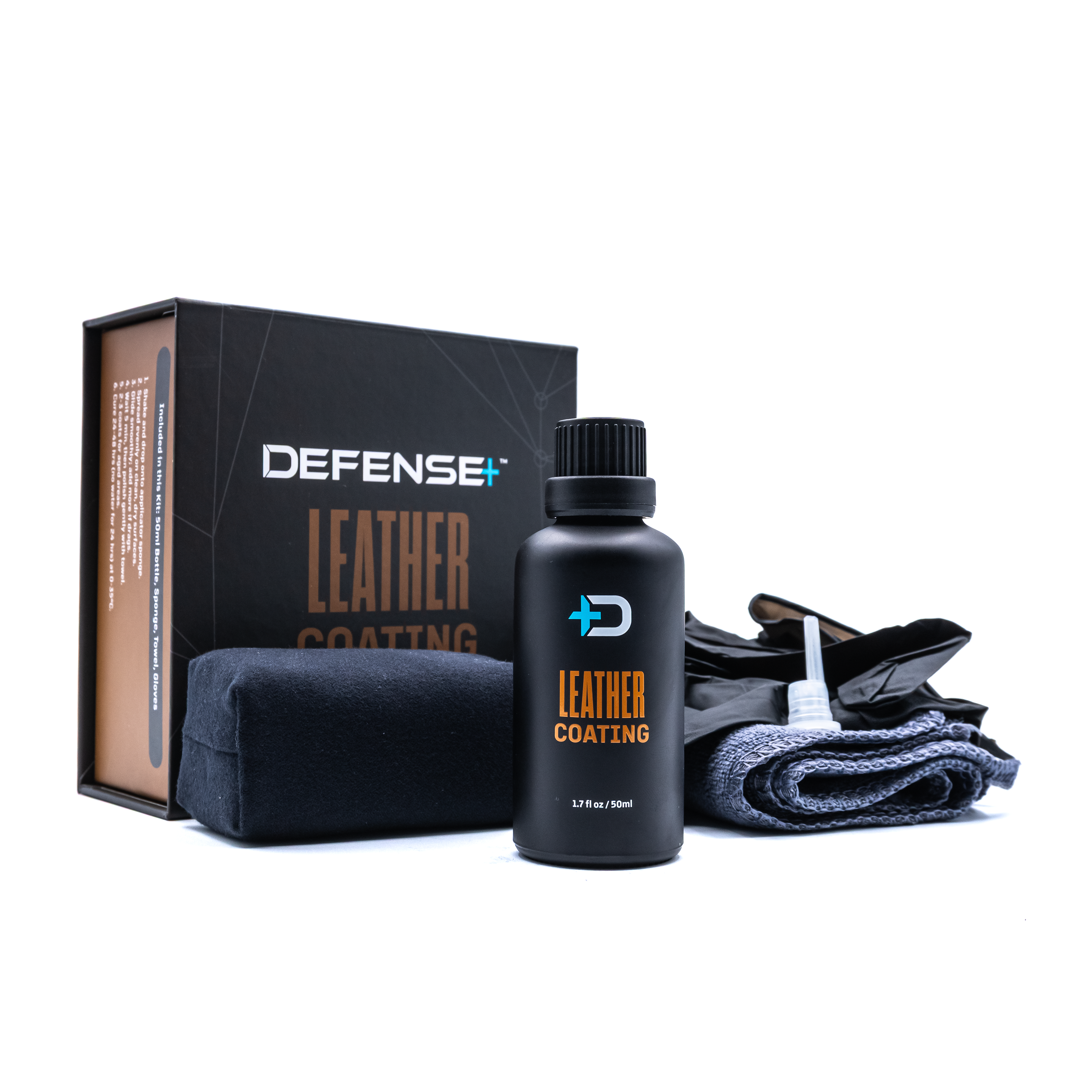 Defense+ leather coating product set with bottle, cloths, and box on a white background