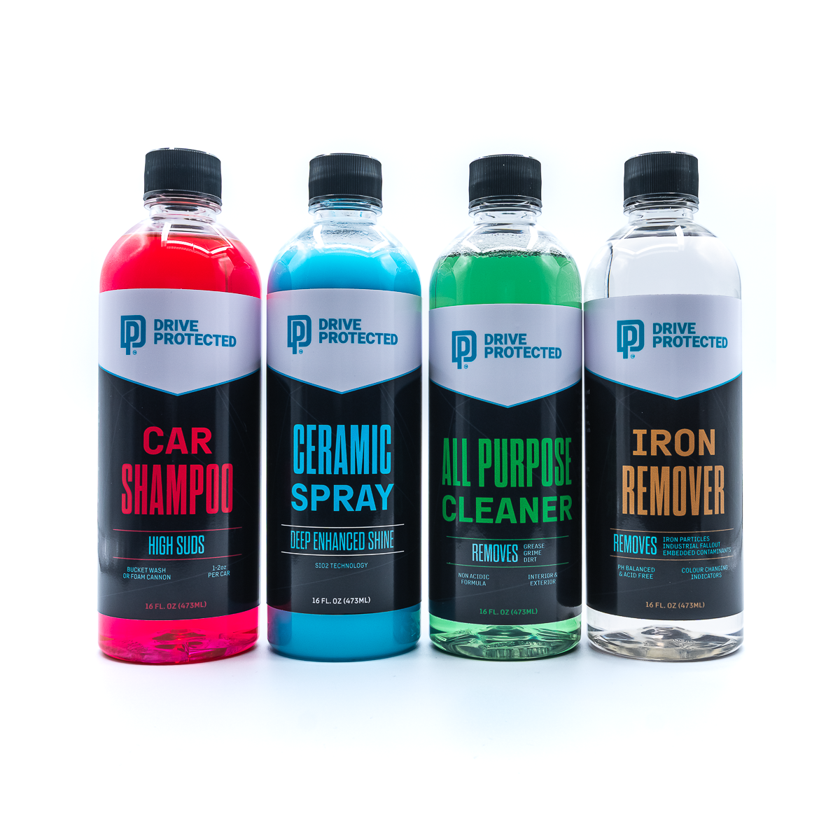 Four bottles of Drive Protected car care products on a white background