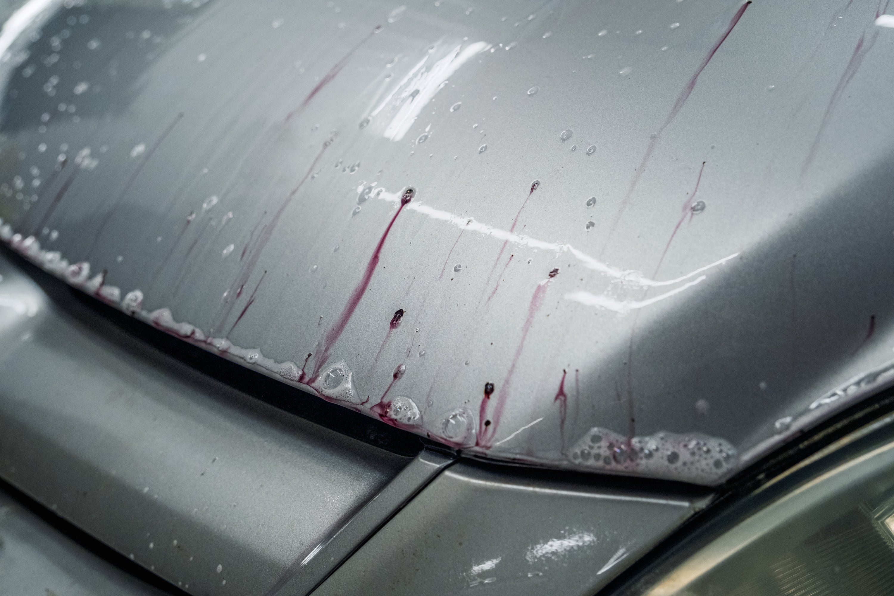 Car hood with water droplets and soap suds, indicating a car wash process.