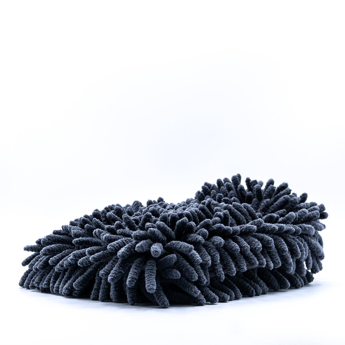 Gray microfiber wash mitt on a white background