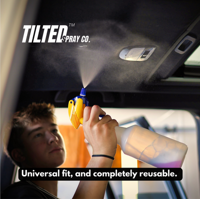 Person using a Tilted Spray Co. product to clean a car's interior.