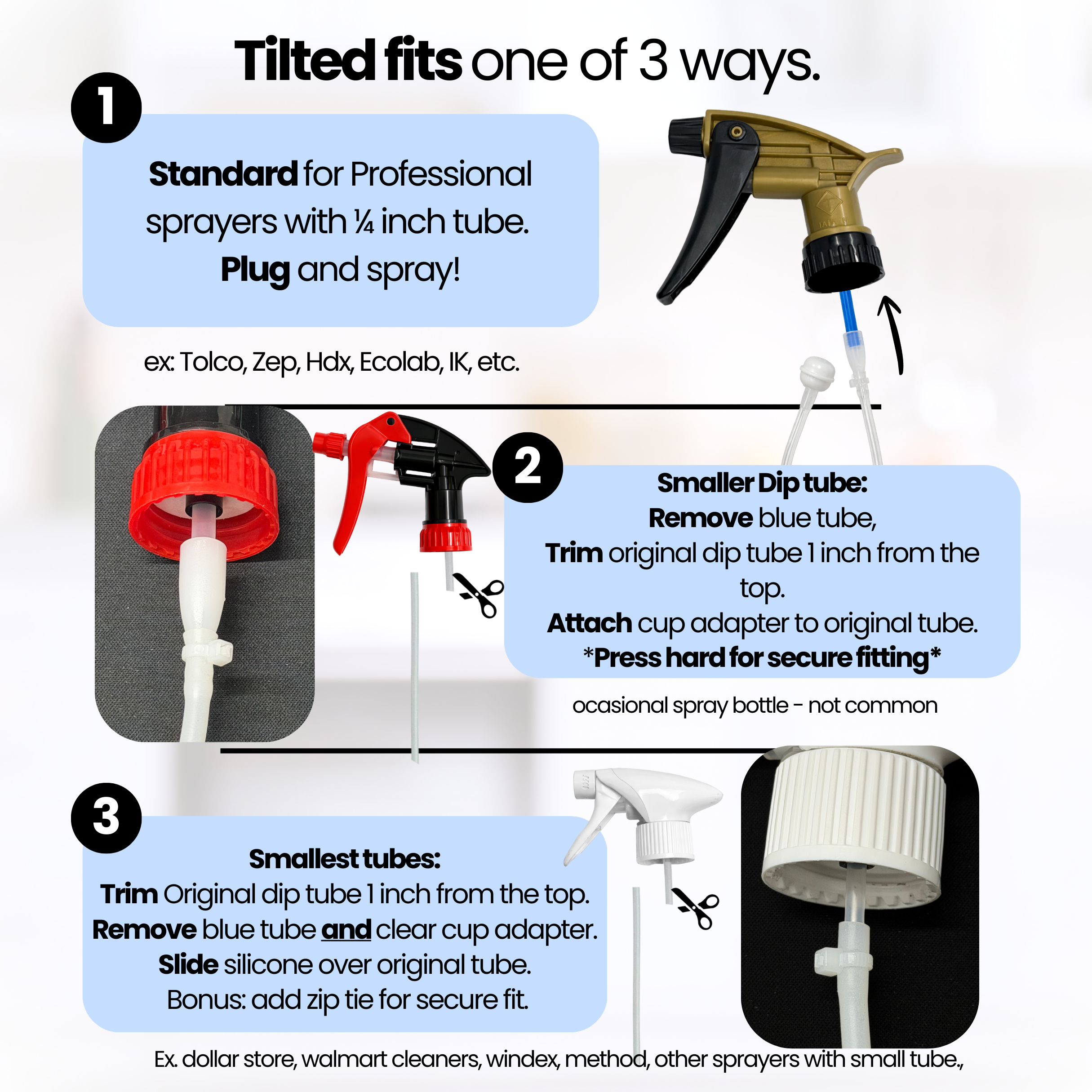 Instructions on how to use a Tilted spray nozzle with different types of sprayers.